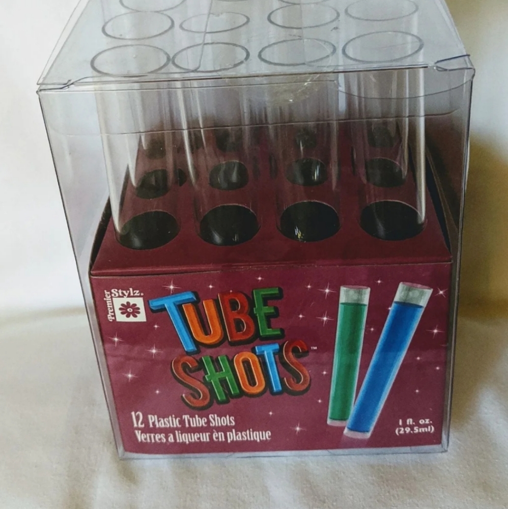Tube Shots 12 Pack Hard Plastic Stand alone 1 ounce NWT